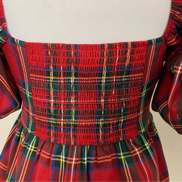 Francesca’s Plaid Peplum Smocked Puff Sleeve Top Sz S Red Holiday Short Sleeve - Picture 6 of 17